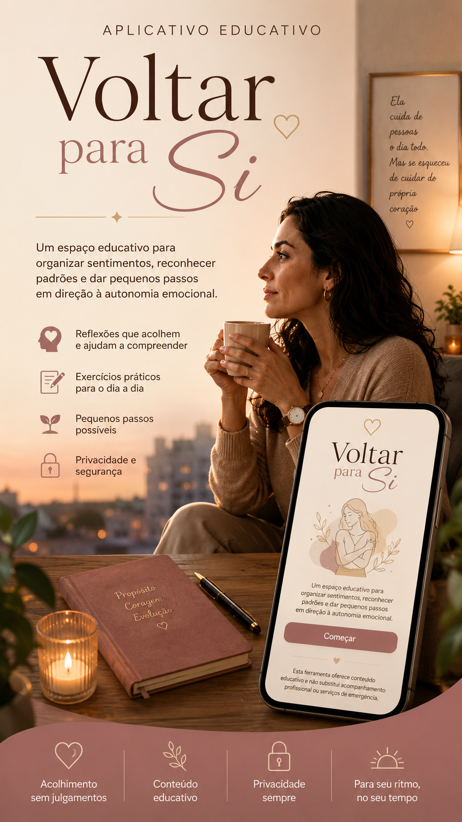 Capa: Letícia segurando uma caneca ao entardecer, com o app aberto no celular